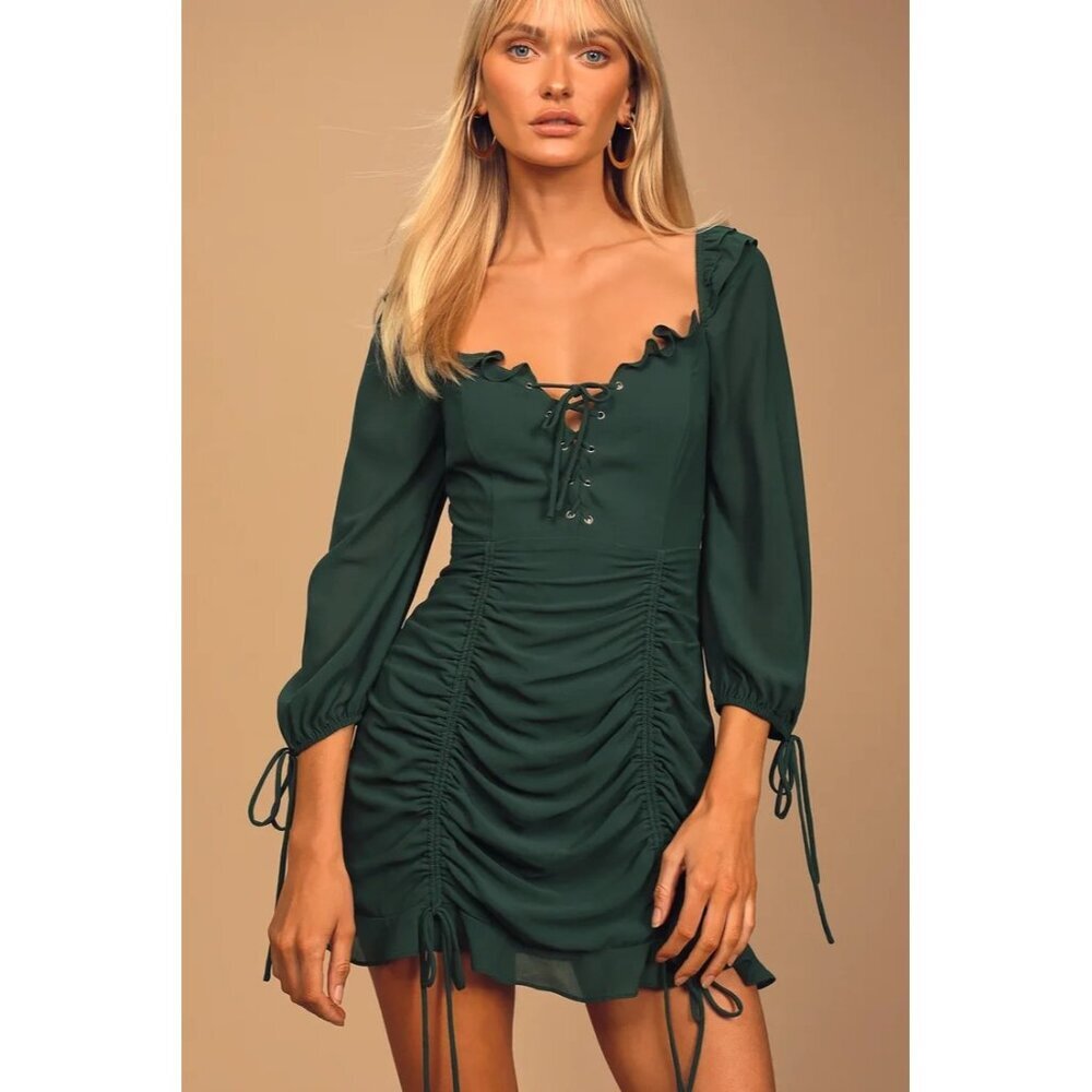 NWT Lulus It Happened‎ in Dublin Forest Green Ruched Lace-up mini dress Sz XS